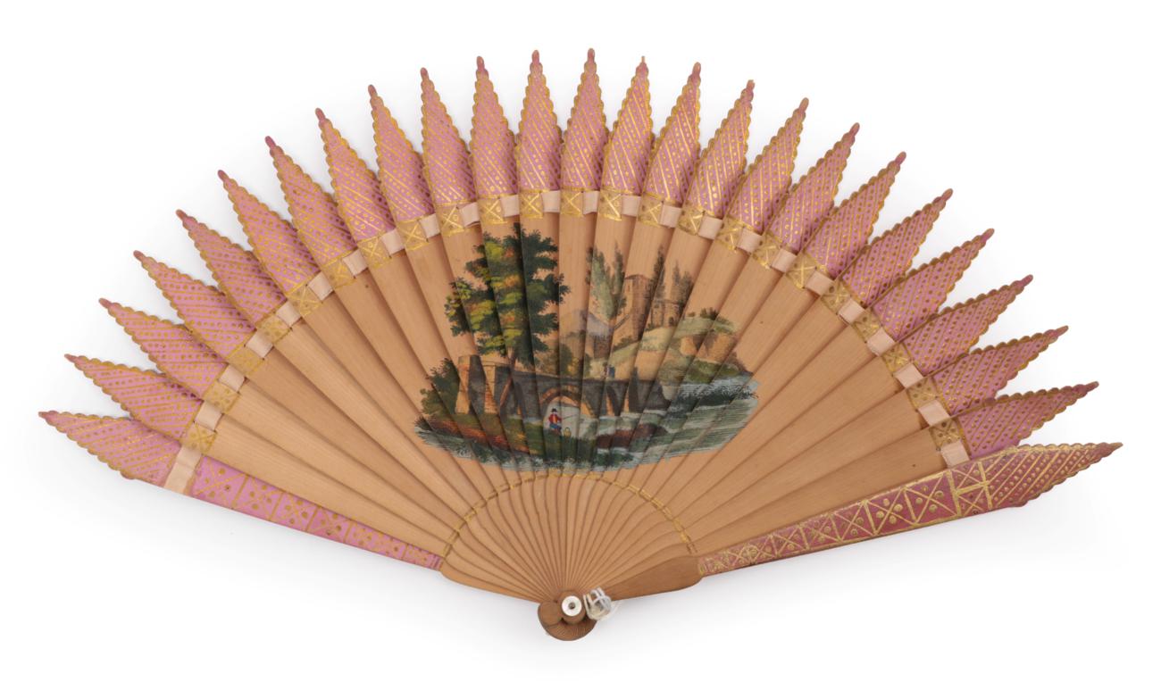 Lot 2050 - A Good Gothic Style Early 19th Century Wood Brisé Fan, the pale wood painted in pale pink with...