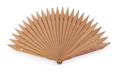 Lot 2050 - A Good Gothic Style Early 19th Century Wood Brisé Fan, the pale wood painted in pale pink with...