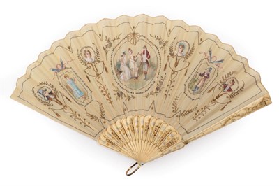 Lot 2063 - An Early 1900 Century Bone Fan, French, carved and gilded, and mounted with a double silk leaf. One