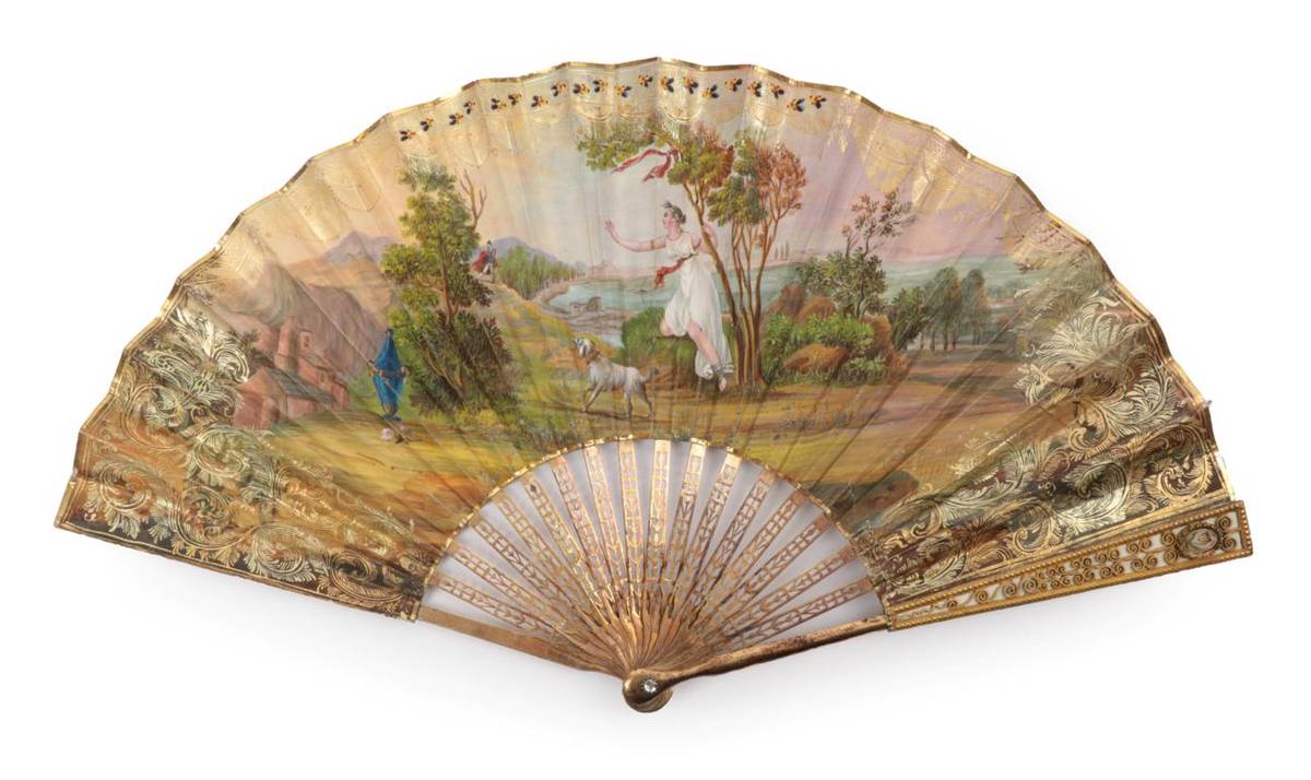 Lot 2067 - A Circa 1820s Painted Fan, with gold metal monture, the gorge sticks pierced with a regular pattern
