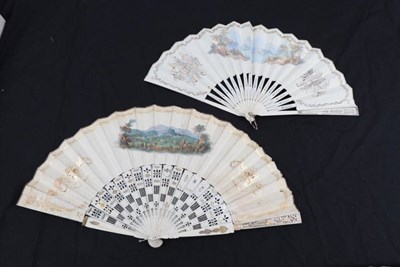 Lot 2072 - A Mid-19th Century Bone Fan, the monture carved, pierced and gilded, the gorge particularly...