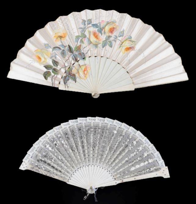 Lot 2073 - A Bone Fan, of cream gauze embroidered with silver spangles of various shapes, the monture with...
