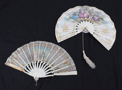 Lot 2074 - A Bone Telescopic Fan, circa 1850, the double paper leaf a lithograph with gold reserves, the...