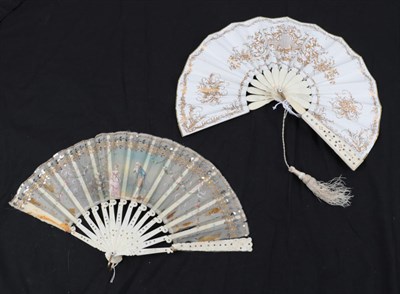 Lot 2074 - A Bone Telescopic Fan, circa 1850, the double paper leaf a lithograph with gold reserves, the...