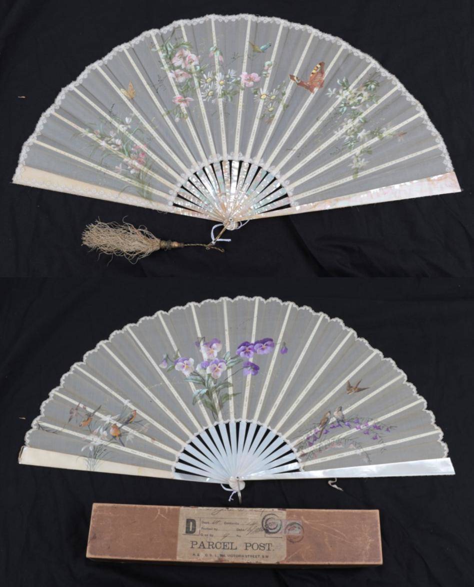 Lot 2080 - Two Large Late 19th Century Fans, the first with a cream gauze leaf mounted on pink...