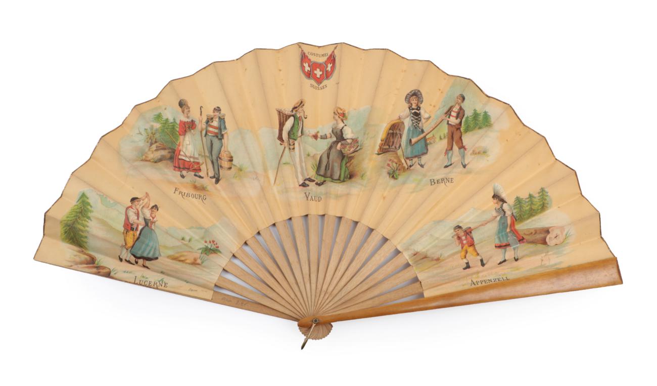 Lot 2083 - Costumes Suisses: A Very Large and Colourful Circa 1890's Fan, the monture of plain wood, the...