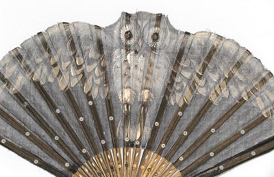 Lot 2101 - An Owl, and Dandelion Clocks: A Small Wood Fan, mounted with a black gauze leaf, the upper edge...
