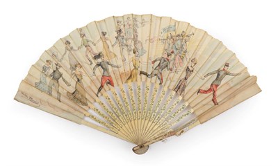 Lot 2105 - Alphonse Thomasse: A Fan, with cream cotton leaf mounted on cream wood sticks, a depiction of...