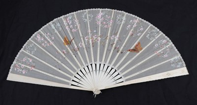 Lot 2111 - A Large Late 19th Century Cream Gauze Fan, the bone monture lightly carved and pierced, the...