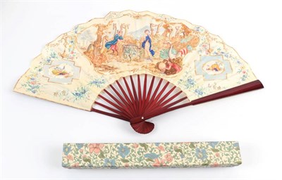 Lot 2112 - A Contemporary Fan, the monture of plain wood stained ruby red, the single paper leaf mounted...