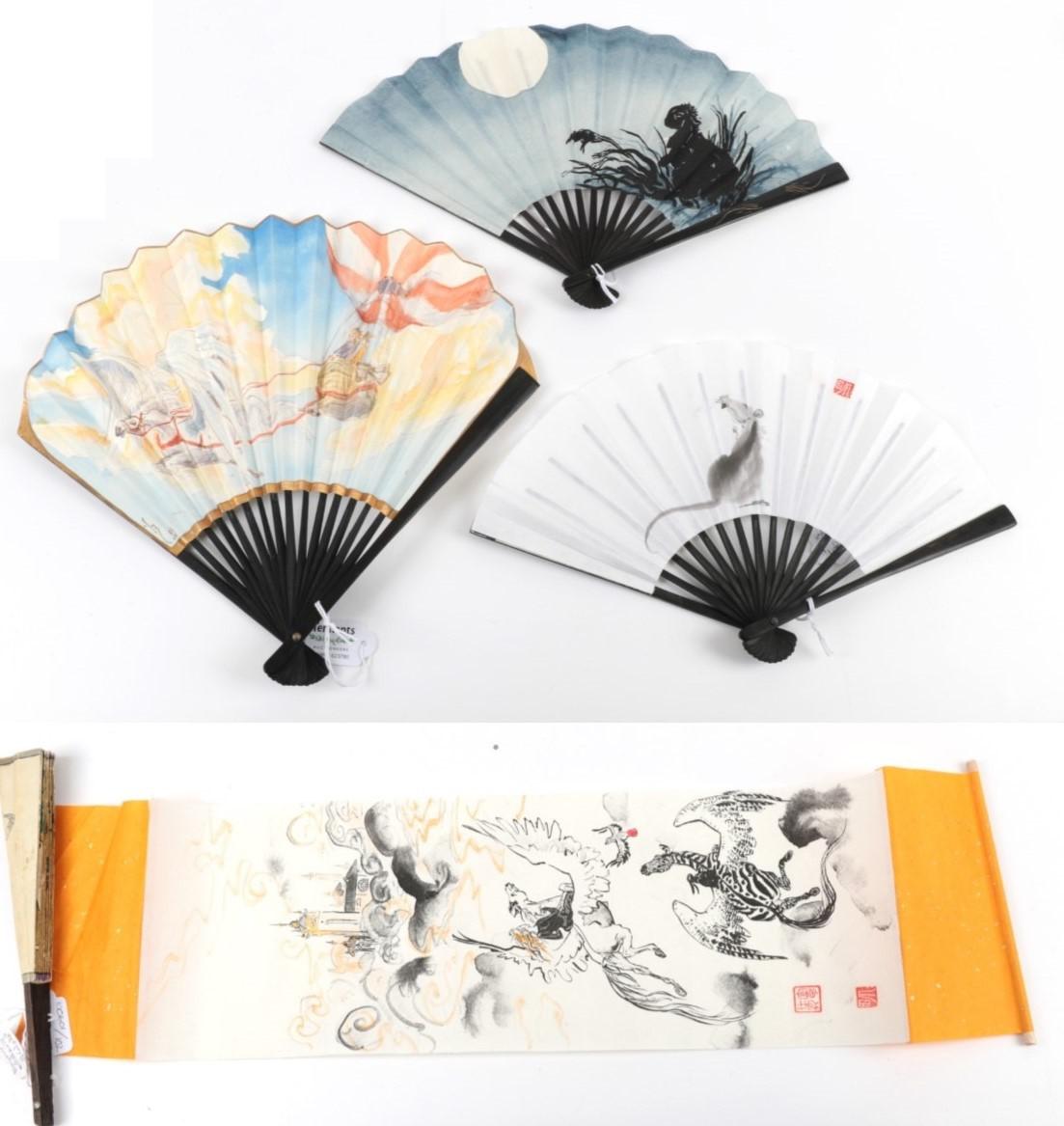 Lot 2116 - Three Contemporary Fans and A Painted Scroll, all featuring animals: To include a 1993 fan...