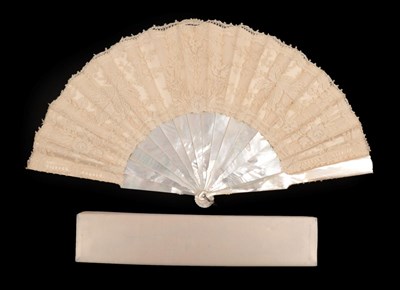 Lot 2124 - A Good Mixed Brussels Appliqué Lace Fan, the monture of white mother of pearl with some attractive