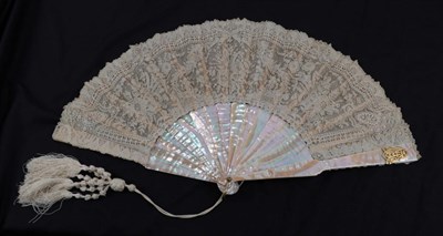 Lot 2128 - Brussels Lace: A Mid-19th Century Pink/Green Mother-of-Pearl Fan, mounted with Brussels Point...