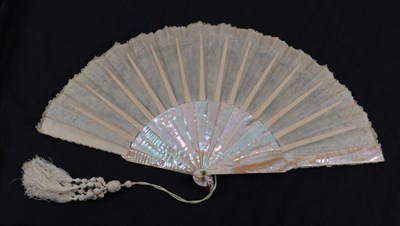 Lot 2128 - Brussels Lace: A Mid-19th Century Pink/Green Mother-of-Pearl Fan, mounted with Brussels Point...