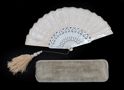 Lot 2132 - A Good Circa 1880's Lace Fan, off-white mixed Brussels appliqué overlaid onto cream silk...