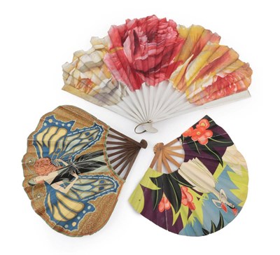 Lot 2142 - Three Art Deco Fans, or earlier, the first of a single shaped cotton leaf printed with red...