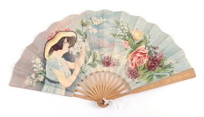 Lot 2158 - ''Lilas'' By RIGAUD:  A Colourful Printed Paper Advertising Fan, with pale wood sticks, the...