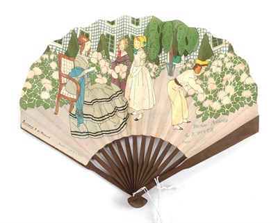 Lot 2179 - L.T. Piver'' Azuréa'': A Printed Paper Advertising Fan, in ballon form, the wood sticks dyed...