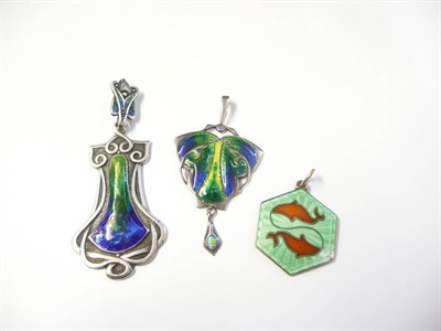 Lot 281 - A Silver Art Nouveau Enamelled Pendant, enamelled in blue and green with a drop from the base,...