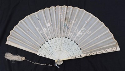 Lot 2210 - A Mid-19th Century Bone Fan, Chinese, Qing Dynasty, the gauze leaf mounted on carved sticks and...
