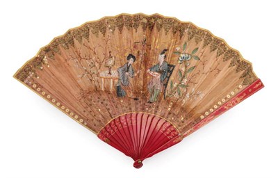 Lot 2215 - A Late 18th or Early 19th Century Chinese Export Fan, with stained red monture, possibly bone,...