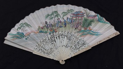 Lot 2216 - A Good Chinese 18th Century Ivory Fan, Qing Dynasty, the monture well carved, the guards especially