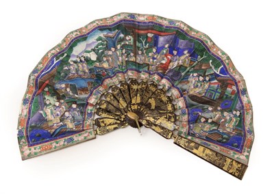 Lot 2218 - A Telescopic Canton Chinese Mandarin Fan, Qing Dynasty, with wood sticks lacquered in black and...