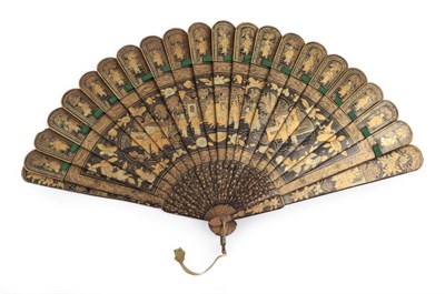 Lot 2219 - A Good 19th Century Qing Dynasty Chinese Wood Brisé Fan, lacquered in black and gold. Twenty inner