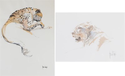 Lot 3048 - Spencer Hodge (b.1943) Cheetah washing Signed, watercolour, together with a further study of...