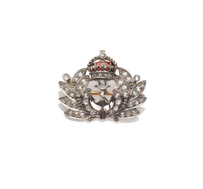 Lot 290 - A Diamond Set Regimental Brooch, laurel branches enclose an anchor surmounted by a crown, rose...