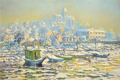 Lot 3074 - Tom Keating (1917-1984) Monet's Houseboat, Vetheuil in Winter Oil on canvas, 64cm by 94cm  Artist's