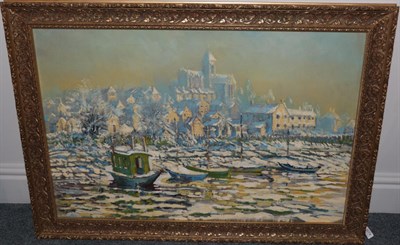 Lot 3074 - Tom Keating (1917-1984) Monet's Houseboat, Vetheuil in Winter Oil on canvas, 64cm by 94cm  Artist's