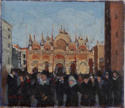 Lot 3079 - David Baxter (b.1942)  ''Figures in St Mark's Square, Venice'' Signed, inscribed verso, oil on...