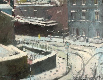 Lot 3089 - Robert Henderson Blyth RSW, RSA (1919-1970) Figures in a snow covered street Signed, oil on...