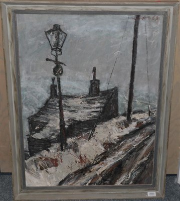 Lot 3090 - Herbert Whone (1925-2011) Snowy street scene Signed and dated (19)69, oil on board, 80cm by 59.5cm