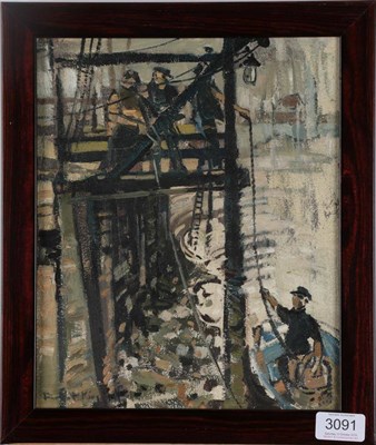 Lot 3091 - Robert King RI, RSMA (b.1936) ''Wharf Side with Stevedores'' Signed, inscribed verso, oil on...
