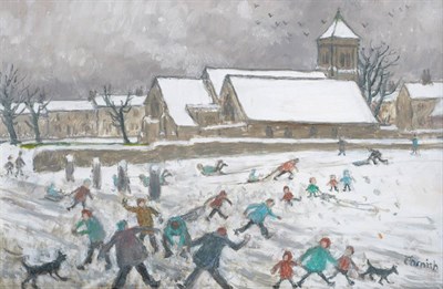 Lot 3101 - Norman Stansfield Cornish MBE (1919-2014) ''Little Snow Scene'', Children playing in the snow...