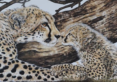 Lot 3110 - Agnes B Davies (b.1962) French Mother Leopard and cub Signed, inscribed verso, oil on board,...