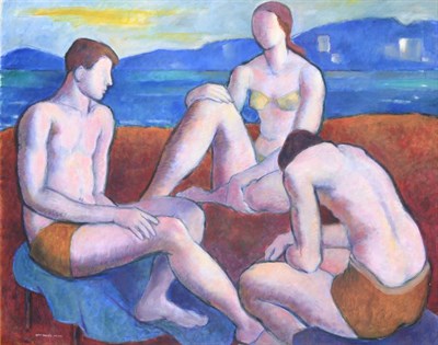 Lot 3118 - Fyffe Christie (1918-1979) ''Three Figures by the Sea'' Signed and dated October 1978, oil on...