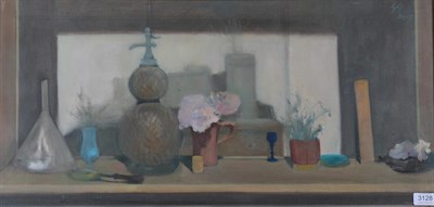 Lot 3128 - Gyorgy Gordon (1925-2005) Hungarian  Still life of roses in a brown jug and assorted vessels on...