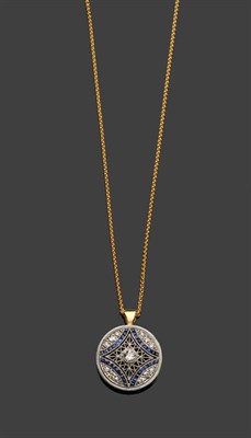 Lot 297 - A Diamond and Sapphire Pendant on an 18 Carat Gold Chain, the circular pendant set with old cut...