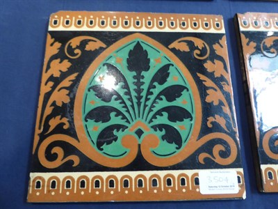 Lot 3504 - Six Minton & Co 8'' Tiles, repeating pattern in green, stamped MINTON & CO STOKE ON TRENT, 20cm...