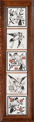 Lot 3507 - Five Minton, Hollins & Co No.2 6'' Tiles, painted with birds in black with burnt red detail,...