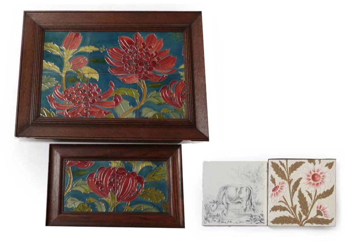 Lot 3511 - Eight Doulton 6'' Tiles, tubelined decorated with flowers, glazed in red, blue and green,...