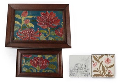 Lot 3511 - Eight Doulton 6'' Tiles, tubelined decorated with flowers, glazed in red, blue and green,...