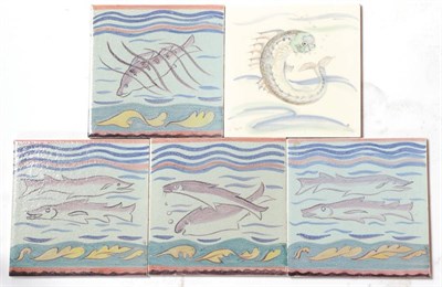 Lot 3520 - H & G Thynne, A Set of Four 6'' Fish Picture Tiles, dust pressed hand painted, moulded mark...