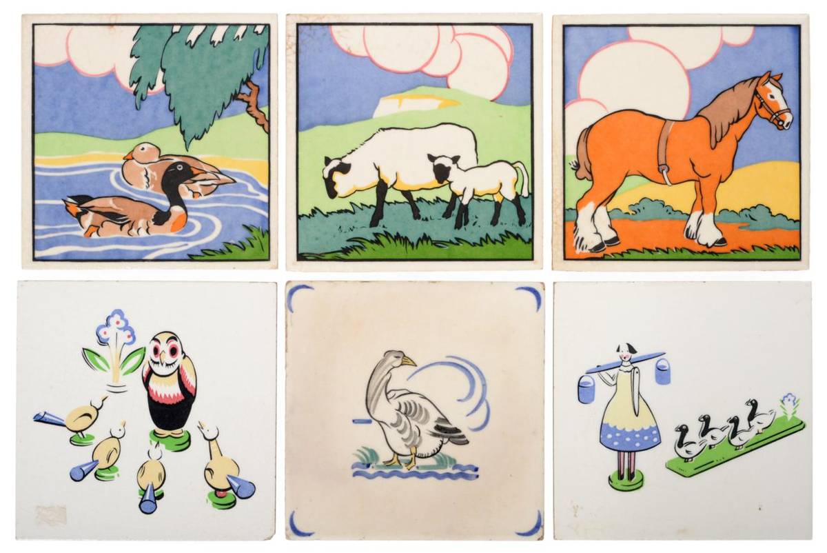Lot 3522 - A Set of Three Carter & Co Hand Painted Stencilled 6'' Tiles, from the Farmyard series, by...