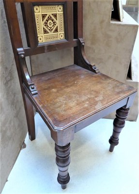 Lot 3527 - A Late Victorian Oak Hall Chair, with inset Shakespear tile MALVOLIO IN THE GARDEN, solid seat,...