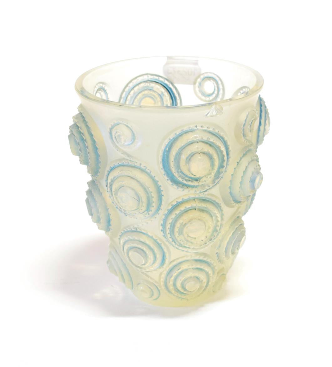 Lot 3544 - René Lalique (French, 1860-1945): An Opalescent, Frosted and Blue Stained Glass Spirales Vase,...