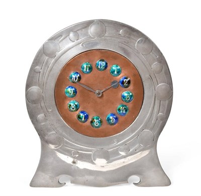 Lot 3560 - Archibald Knox (1864-1933) for Liberty & Co.: A Tudric Pewter, Copper and Enamel Clock, model...